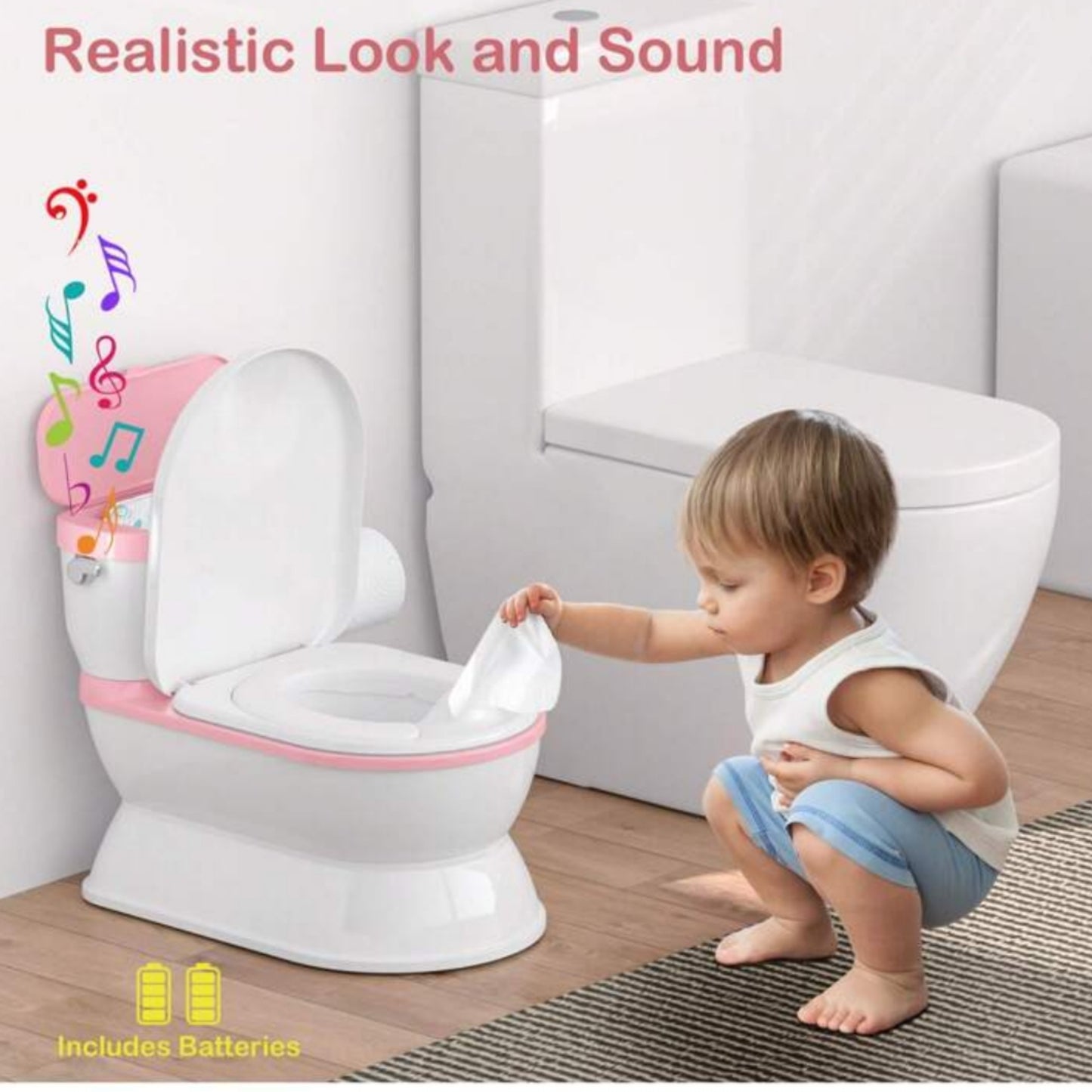 2-In-1 Toddler Potty Training Toilet - Larger Potty Chair And Removable Training Seat With Realistic Flush Sounds, Flip-Up Toilet Seat, Storage Bin And Toilet Paper Holder For Kids 1-3 Years Old
