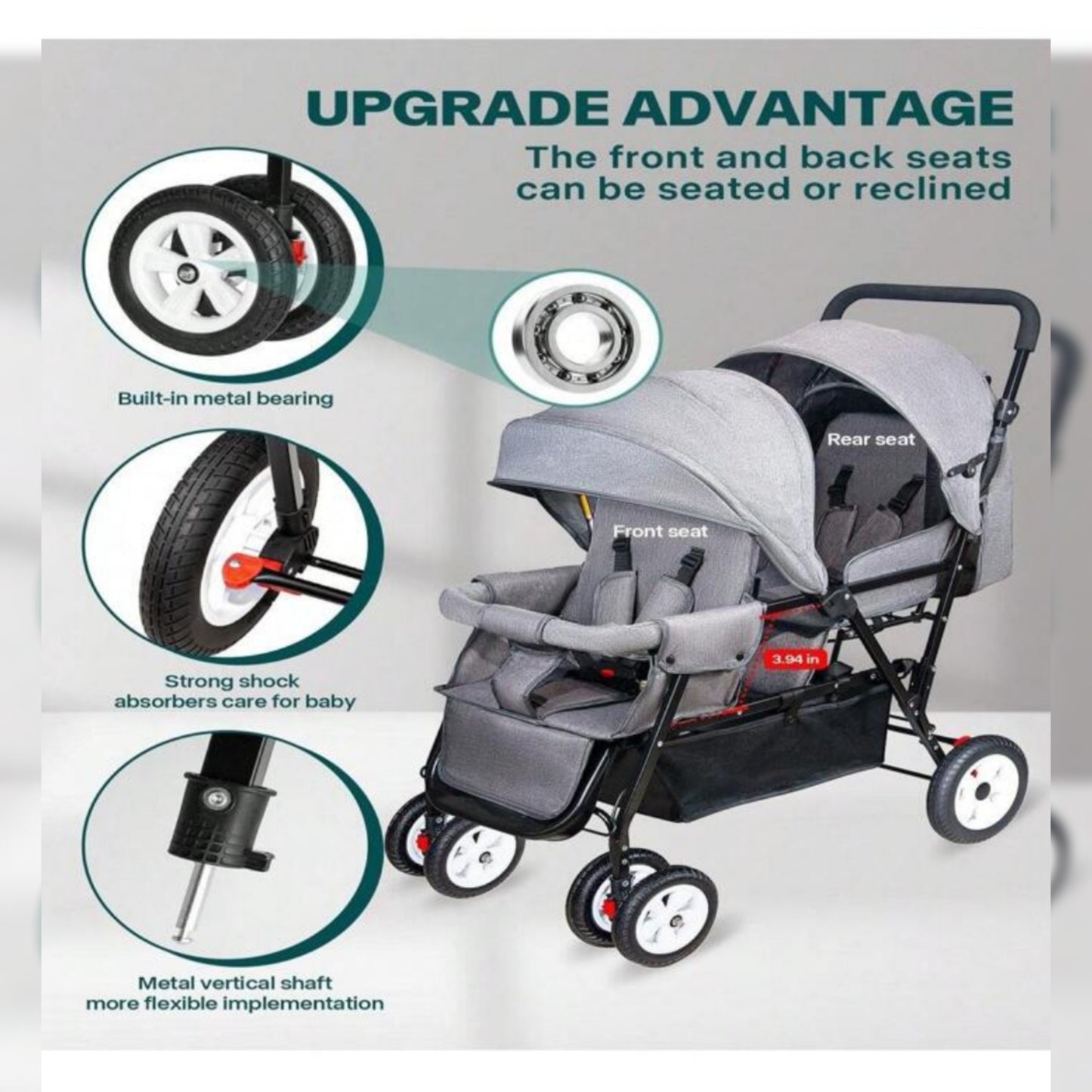 Double Stroller, Double Stroller For Infant Toddler, Foldable Double Baby Stroller With Tandem Seating And Adjustable Backrest - Extra Gift Toys/Mosquito Net/Mats/2 Cotton Pads/ 2 Hooks