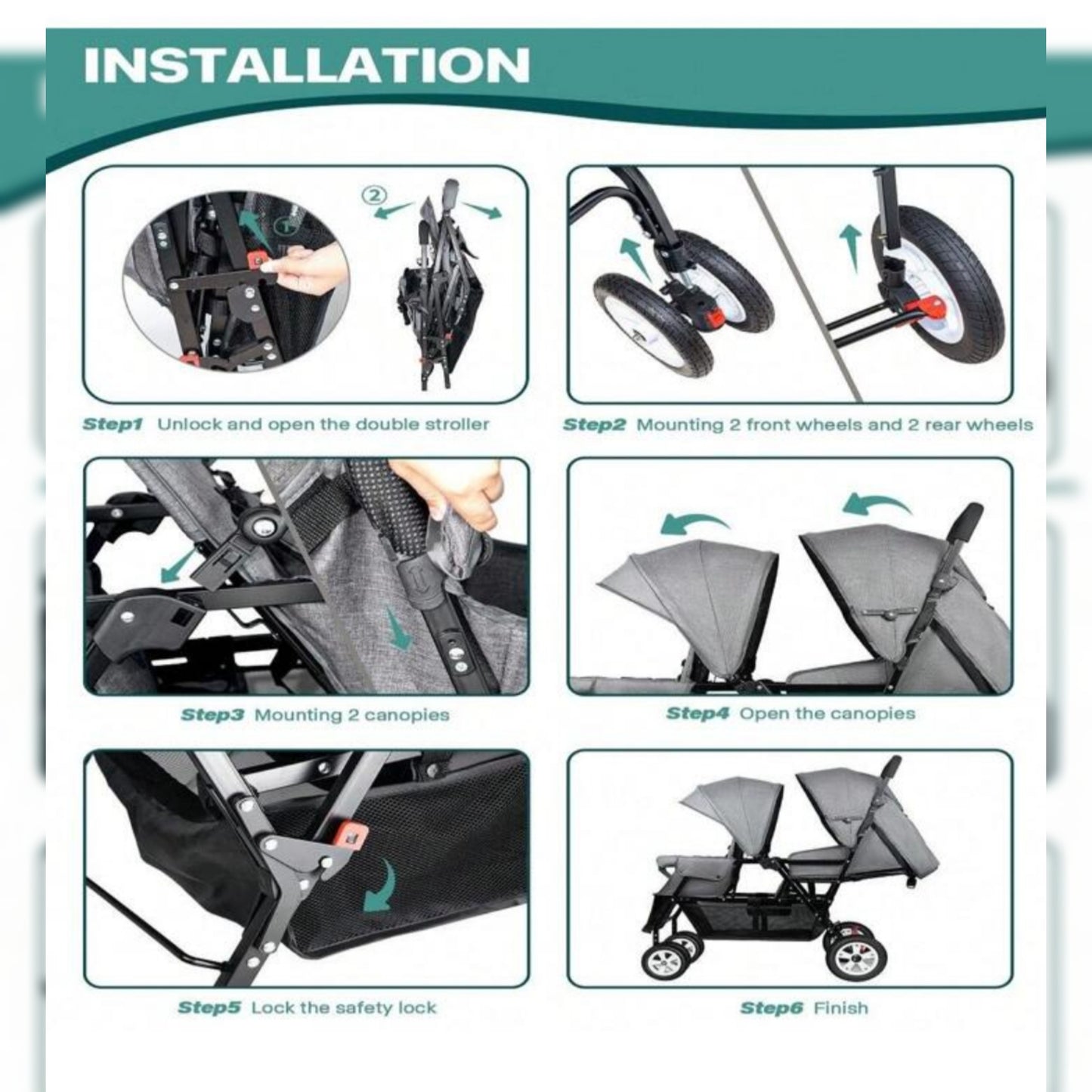 Double Stroller, Double Stroller For Infant Toddler, Foldable Double Baby Stroller With Tandem Seating And Adjustable Backrest - Extra Gift Toys/Mosquito Net/Mats/2 Cotton Pads/ 2 Hooks