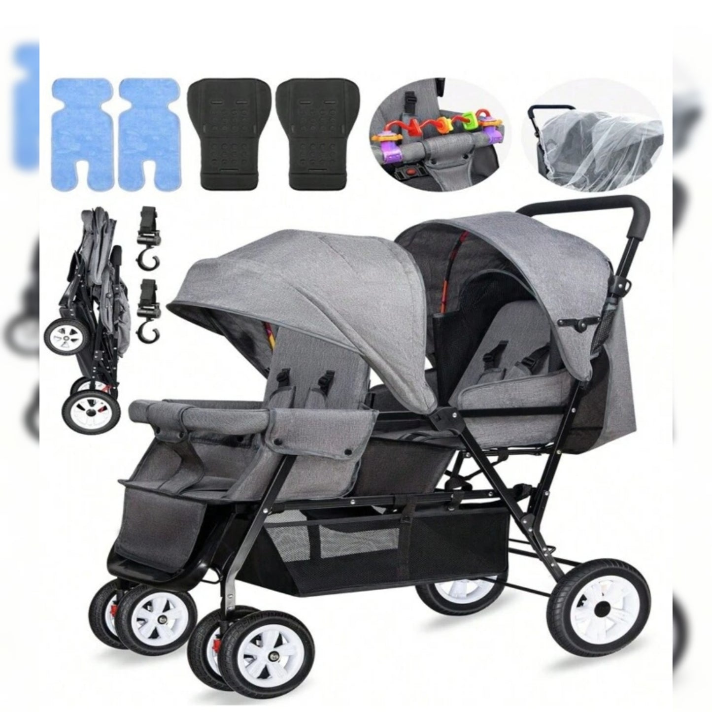 Double Stroller, Double Stroller For Infant Toddler, Foldable Double Baby Stroller With Tandem Seating And Adjustable Backrest - Extra Gift Toys/Mosquito Net/Mats/2 Cotton Pads/ 2 Hooks