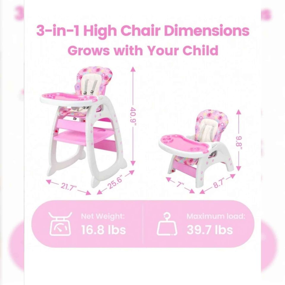 3 In 1 Convertible Toddler Highchair Table Booster Seat With Feeding Tray