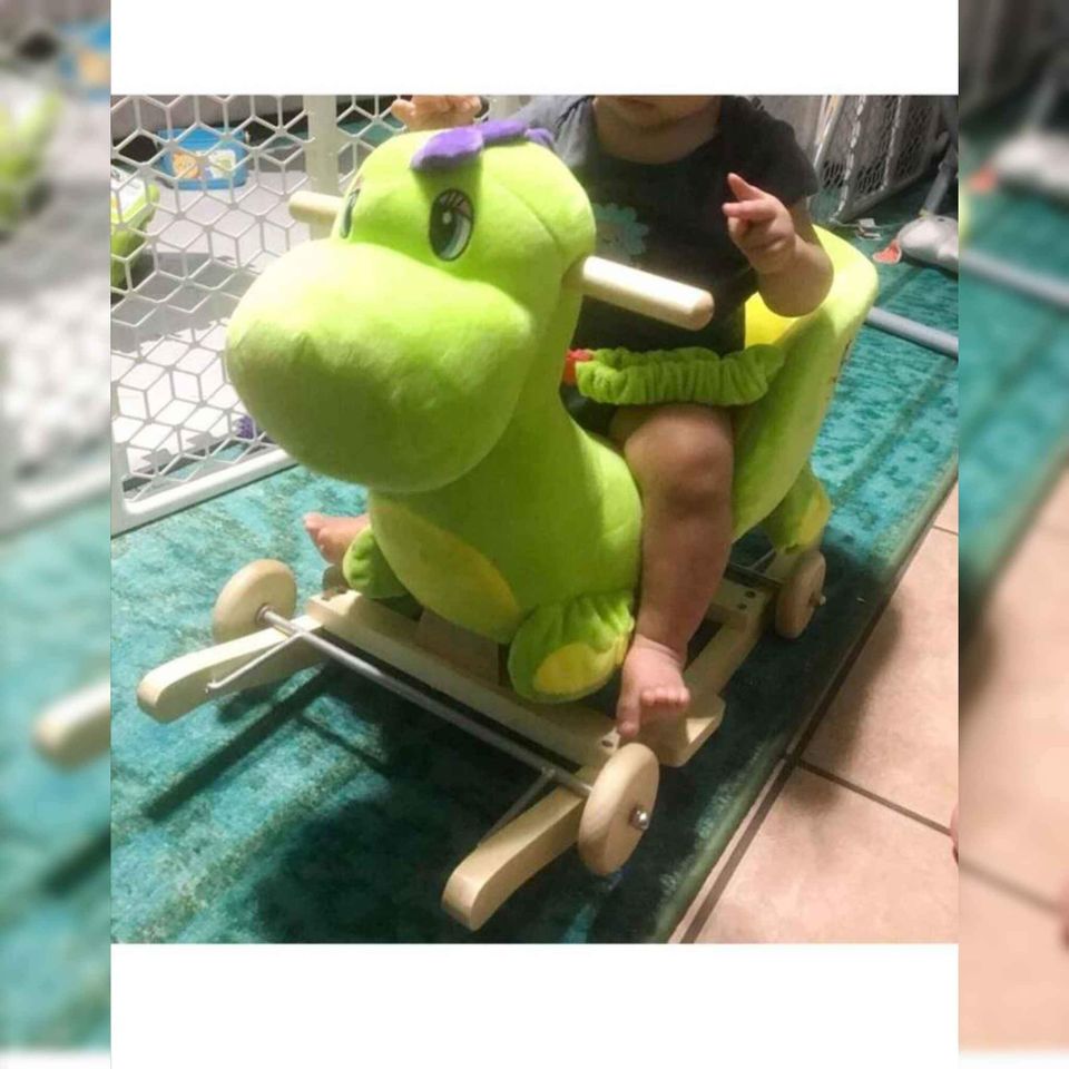 DICLASSE 2 In 1 Baby Rocking Horse Ride On Animal Plush Dinosaur Toy Wooden Frame Green Dinosaur