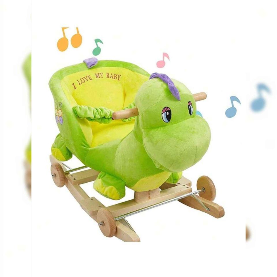 DICLASSE 2 In 1 Baby Rocking Horse Ride On Animal Plush Dinosaur Toy Wooden Frame Green Dinosaur