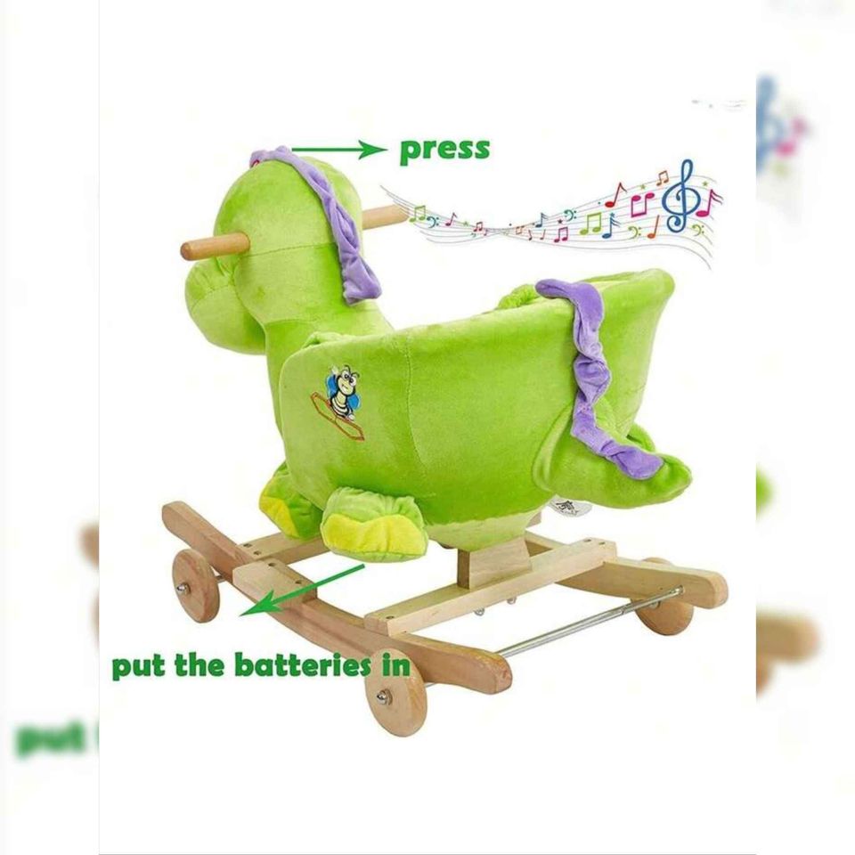DICLASSE 2 In 1 Baby Rocking Horse Ride On Animal Plush Dinosaur Toy Wooden Frame Green Dinosaur