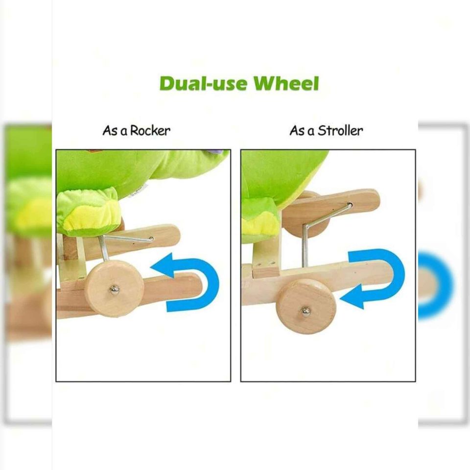 DICLASSE 2 In 1 Baby Rocking Horse Ride On Animal Plush Dinosaur Toy Wooden Frame Green Dinosaur
