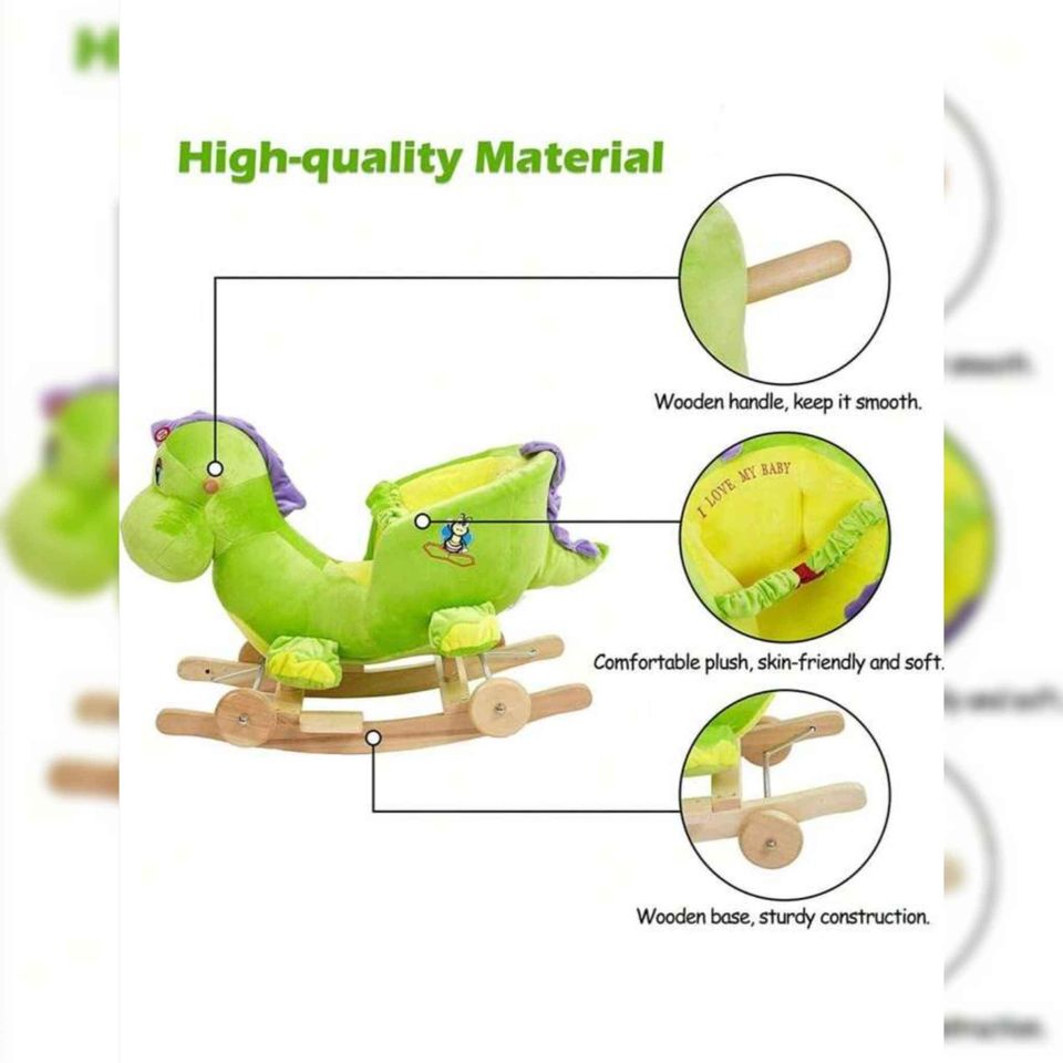 DICLASSE 2 In 1 Baby Rocking Horse Ride On Animal Plush Dinosaur Toy Wooden Frame Green Dinosaur