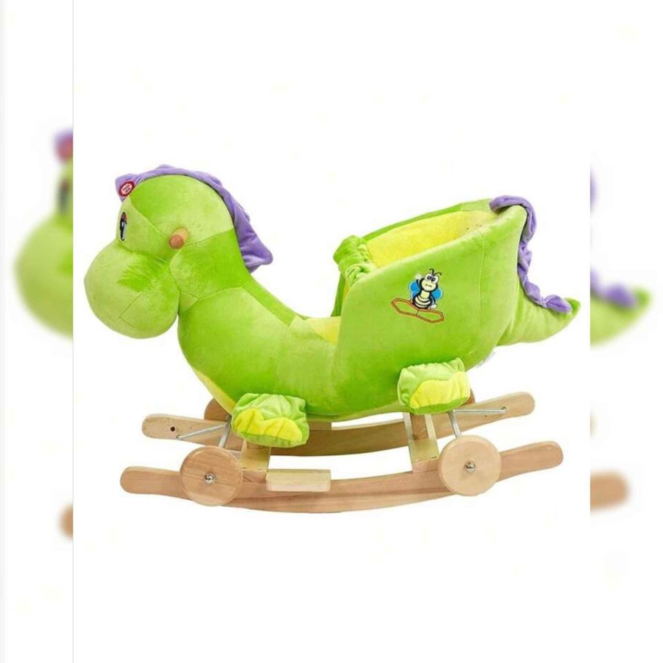 DICLASSE 2 In 1 Baby Rocking Horse Ride On Animal Plush Dinosaur Toy Wooden Frame Green Dinosaur