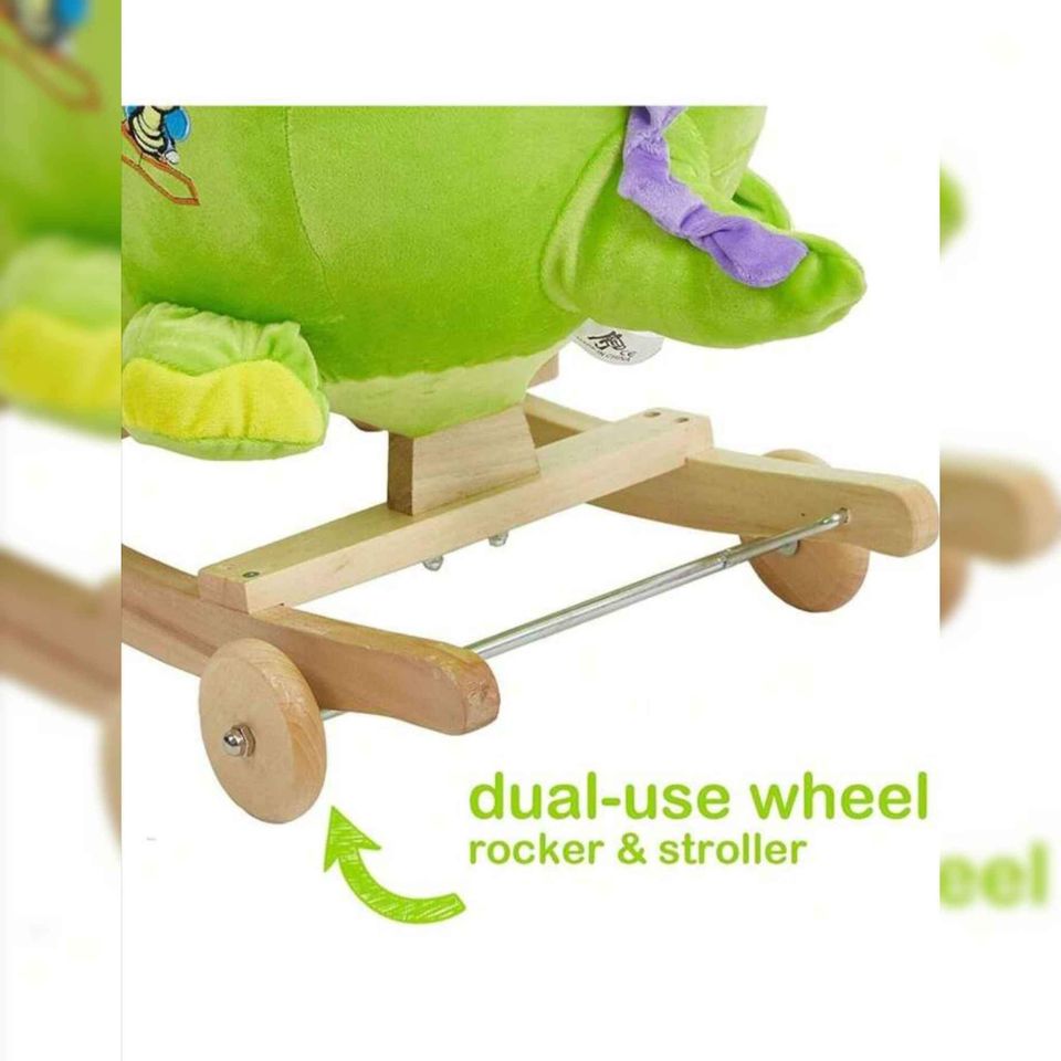 DICLASSE 2 In 1 Baby Rocking Horse Ride On Animal Plush Dinosaur Toy Wooden Frame Green Dinosaur