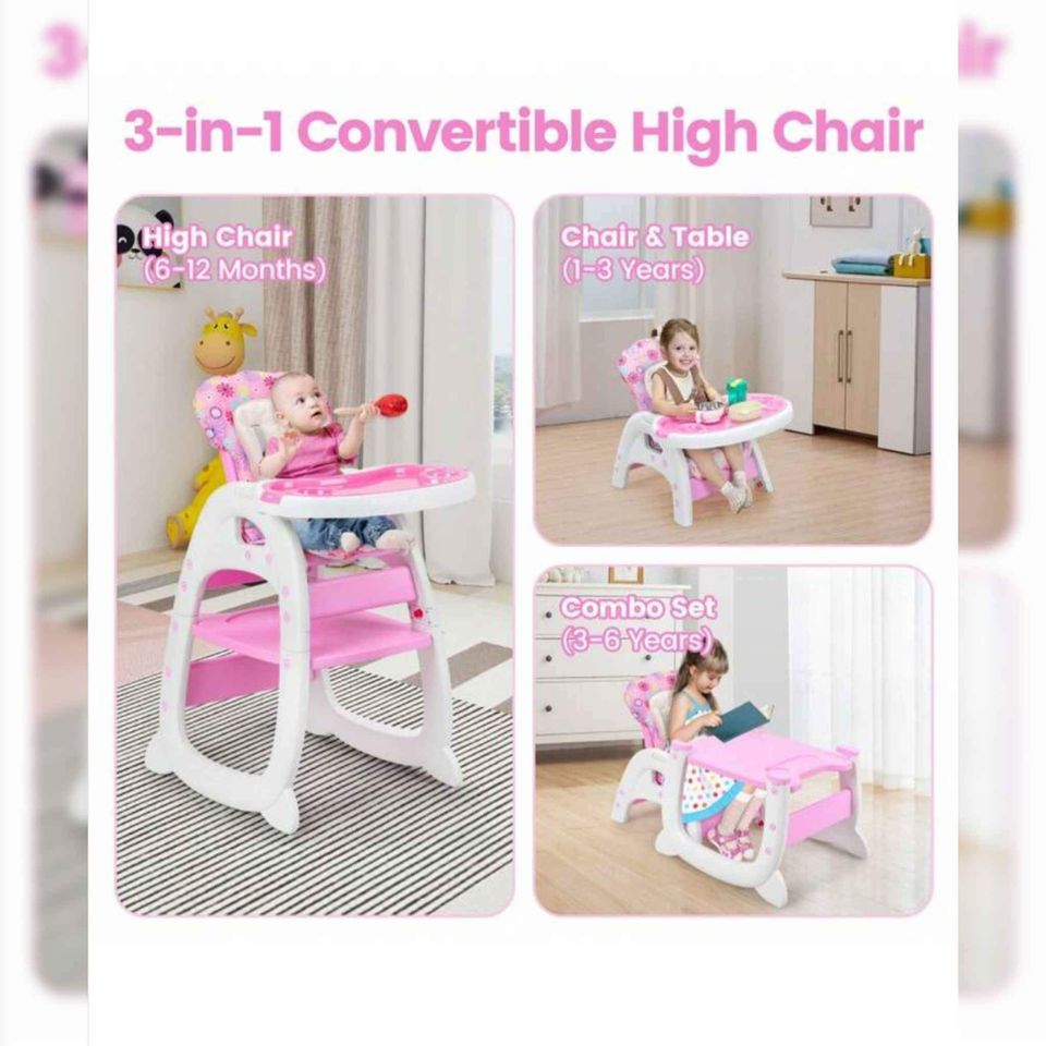 3 In 1 Convertible Toddler Highchair Table Booster Seat With Feeding Tray