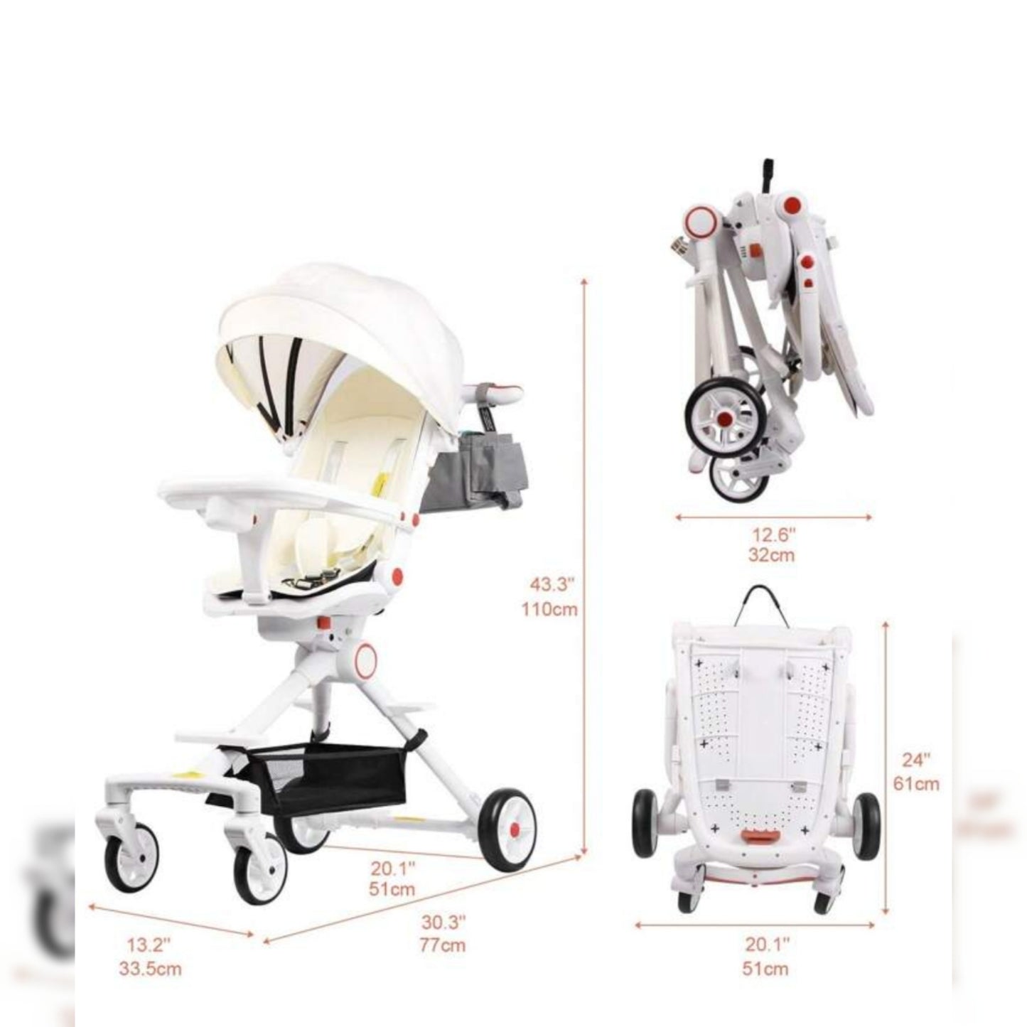 Compact Baby Stroller Lightweight Travel Stroller For Babies & Toddlers 360°Swivel Seat With Multifunctional Handbag & Sleep Shade & Oversize Basket Foldable Stroller