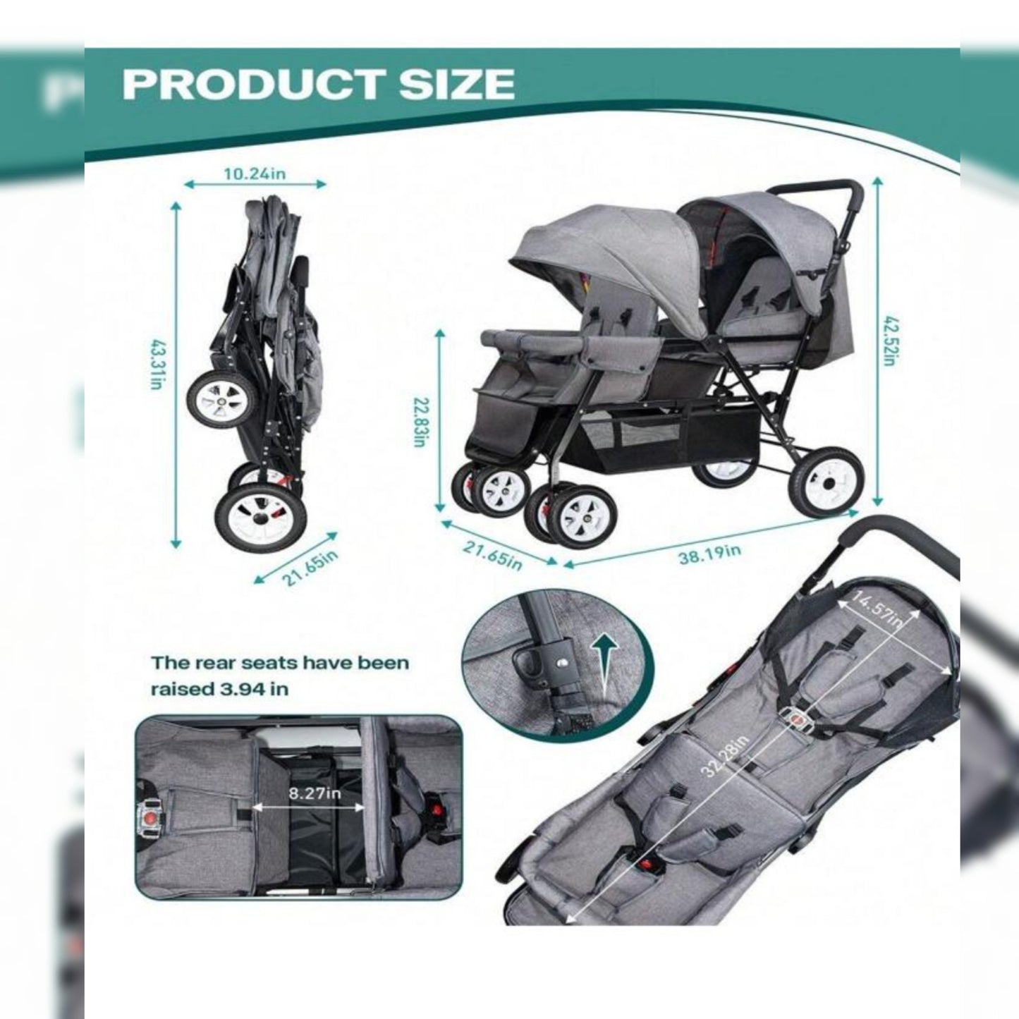 Double Stroller, Double Stroller For Infant Toddler, Foldable Double Baby Stroller With Tandem Seating And Adjustable Backrest - Extra Gift Toys/Mosquito Net/Mats/2 Cotton Pads/ 2 Hooks