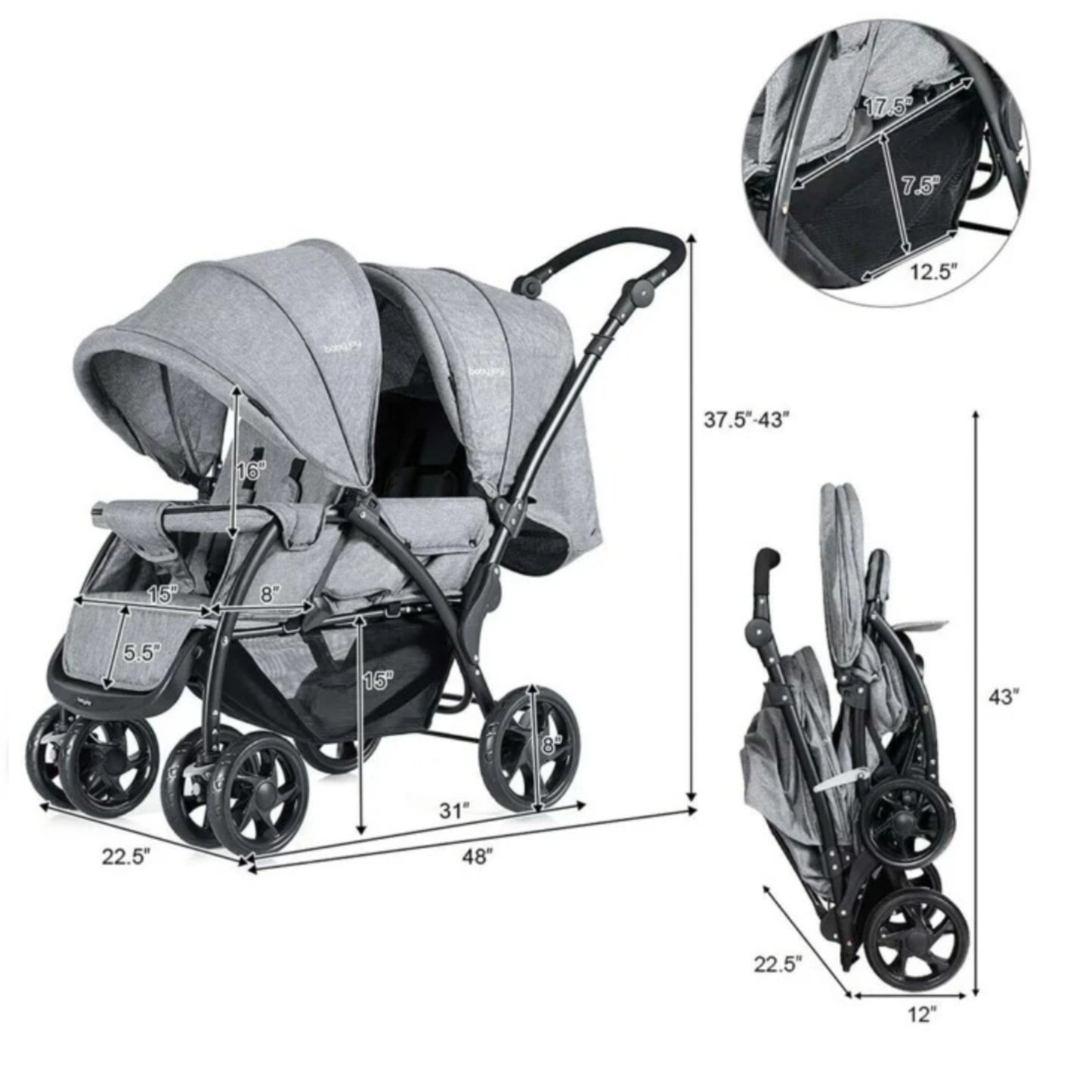 Foldable Twin Baby Double Stroller Lightweight Travel Stroller Infant Pushchair