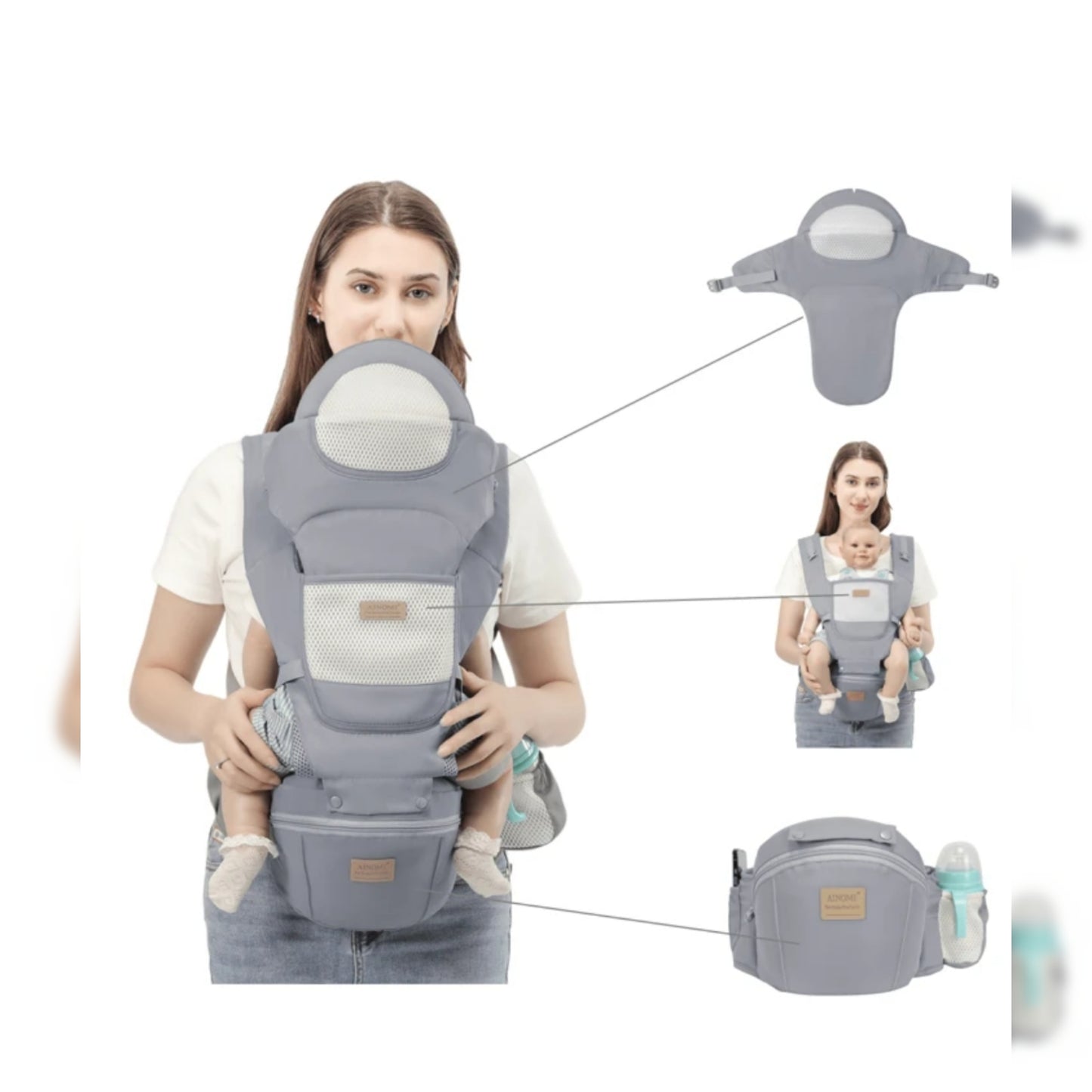 4 way Multifunctional Baby Carrier With Storage Waist. BACK BABY, FRONT, SIDE, BABY FACING FRONTWARD